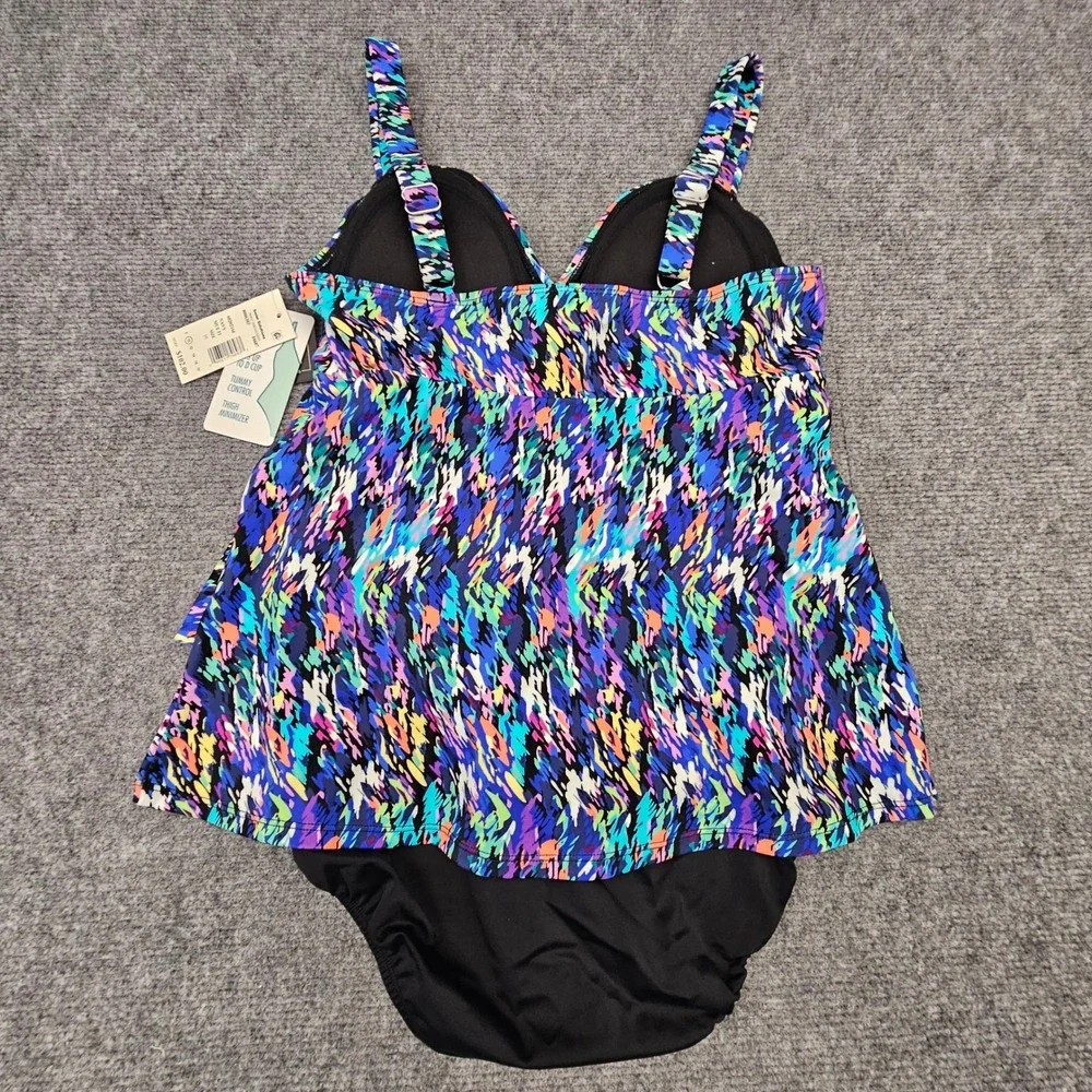 Swim Solutions Women One Piece Triple‎ Tier Fauxkini Tummy Control Navy Multi 10 - Picture 4 of 10